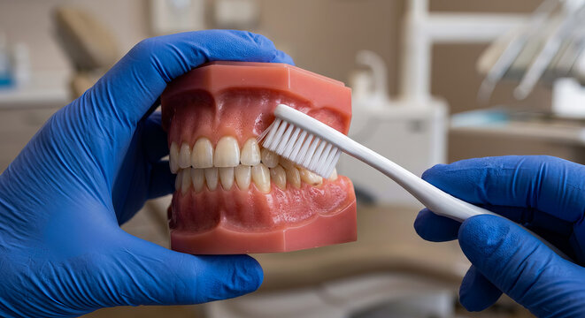 Close-u of gloved hands holding dental demonstration model with toothbrush showing proper brushing technique oral hygiene education concept stock photography for buyers searching dentistry healthcare 
