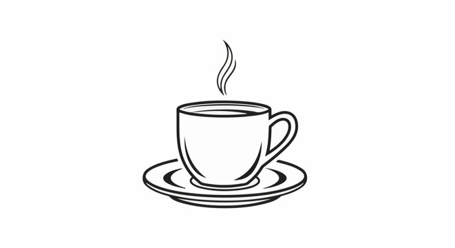 A black and white line drawing of a steaming coffee cup and saucer