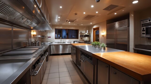 A spotless professional commercial kitchen featuring extensive stainless steel surfaces and warm wooden countertops