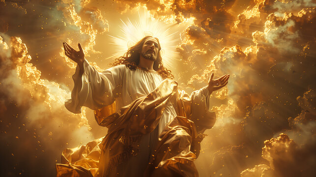 Jesus Christ in Heaven. A magnificent and tranquil image of Jesus Christ on the clouds of heaven, clad in flowing white and gold robes.