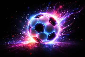 Fototapeta premium Closeup of a football surrounded by vibrant neon energy trails, creating a dynamic and futuristic sports concept with motion and power.