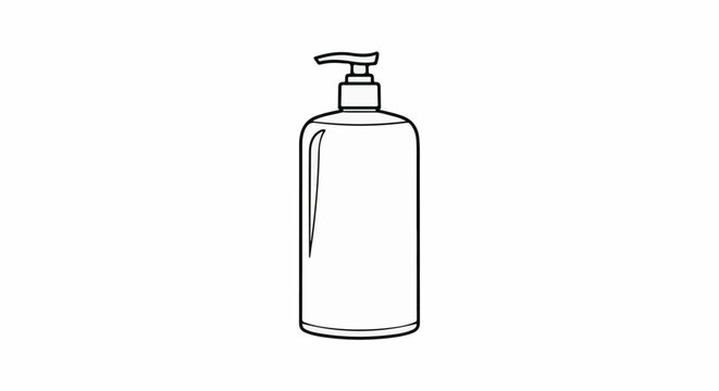 Line art of a tall, clear bottle with a pump dispenser, filled with liquid