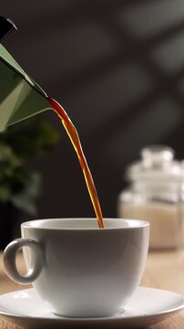 Pouring a hot morning coffee from a moka pot in white cup. Concept of Start to day