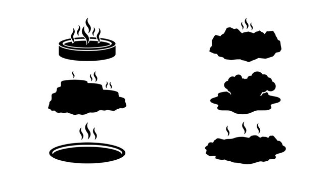 Black silhouette hot spring icons set, steaming thermal pool and volcanic mud bath vector elements, natural spa and geothermal water symbols