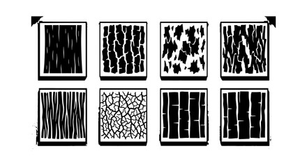 Natural wood bark texture vector set, organic tree trunk skin patterns, 8 rustic timber surface swatches, black and white botanical woodgrain elements © Shakila