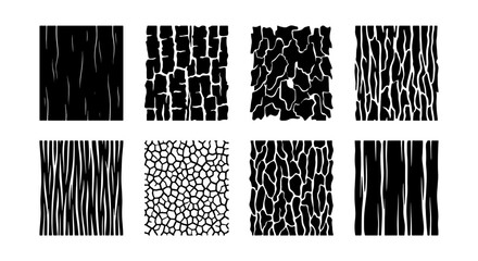 Natural wood bark texture set, black and white organic tree trunk patterns, 8 vector timber surface backgrounds for rustic graphic design © Shakila