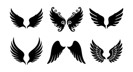 Obraz premium Black wing silhouettes set, 6 pairs of decorative bird and angel wings, tribal and heraldic wing vector icons for logo design and tattoos