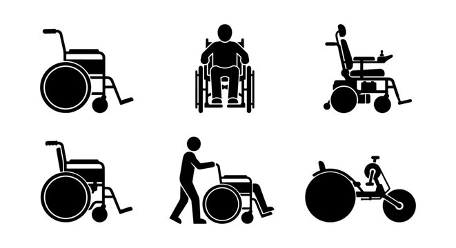 Wheelchair icon set with 6 vector elements, disability mobility equipment symbols, medical healthcare accessibility signs for hospital and clinic wayfinding