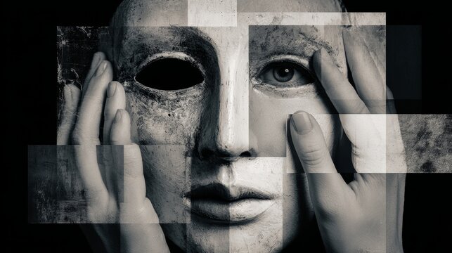 A modern artistic collage featuring a theatrical mask held in a woman&rsquo;s hands, representing performing arts, theater, and cinema.