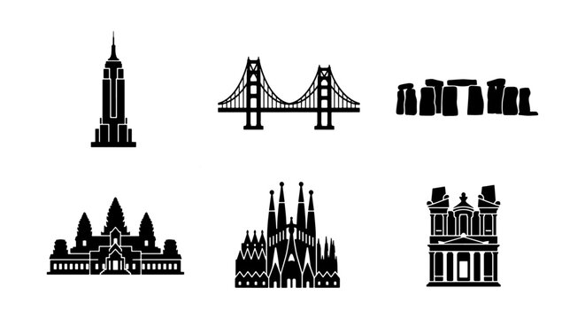 Minimalist world landmarks icon set, black silhouette travel destination symbols, 6 vector illustrations of famous global monuments and architecture
