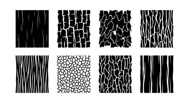 Natural wood bark texture set, black and white organic tree trunk patterns, 8 vector timber surface backgrounds for rustic graphic design