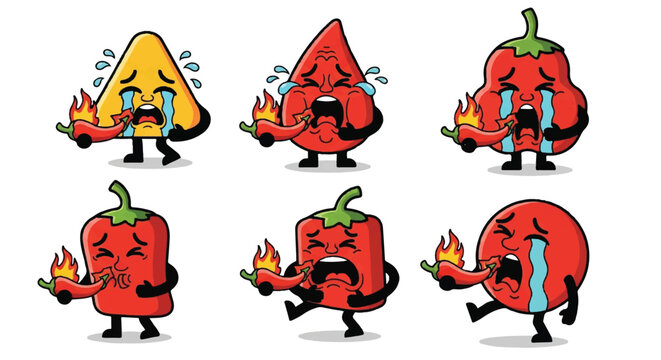Cartoon pepper characters crying after eating chili pepper isolated on white