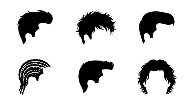 Male hairstyle silhouettes set, 6 black vector hair icons for men, trendy barber shop grooming styles, masculine haircut collection for salon branding
