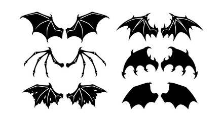 Gothic bat wings silhouette set, 6 pairs of black dragon and demon wing icons, spooky vampire wing vector illustrations for Halloween design © Laila