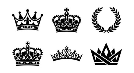 Royal crown silhouettes and laurel wreath set, 6 black heraldic icons for luxury branding, vintage king and queen tiara vector collection © Shakila