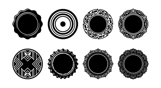 Vintage ornamental circle frames set, 8 black decorative round labels and borders, elegant filigree mandala badges for branding and logo design