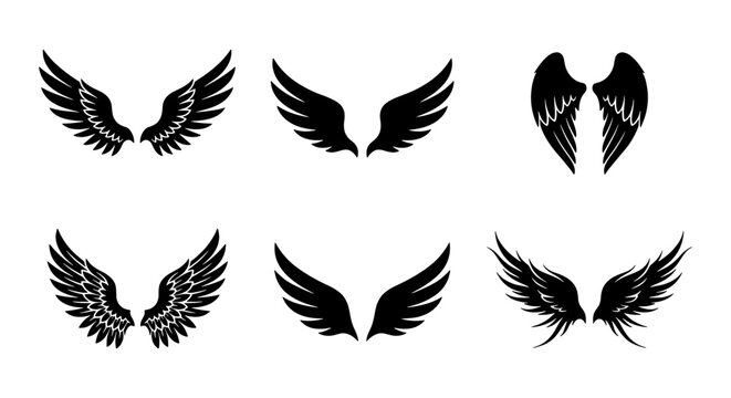 Black wing silhouettes collection, set of 6 stylized eagle and angel wings, heraldic bird wing icons, decorative feather wing vector elements