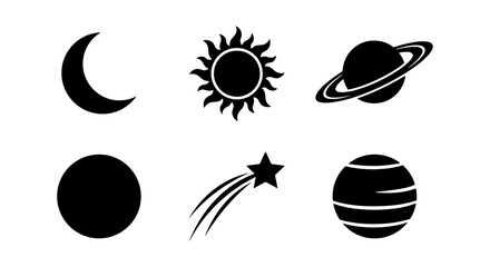 Celestial space icon set with sun and moon, black minimalist astronomy vector symbols, 6 planet and star silhouettes for web design © Laila