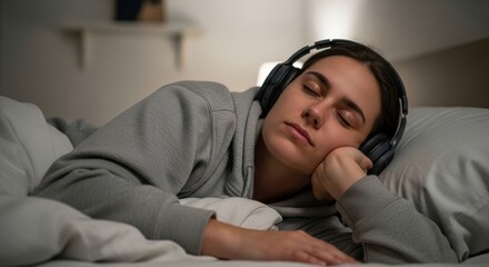 Obraz premium A young man wearing headphones sleeping peacefully on a comfortable bed in a cozy room