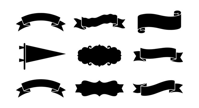 Vintage black ribbon banners and decorative frames set, 9 vector silhouettes of classic heraldic scrolls, elegant pennant and ornamental labels