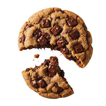 A chocolate chip cookie broken in half
