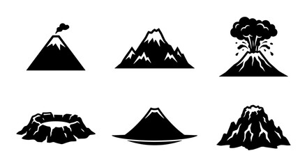 Volcano icon set with 6 black vector silhouettes, erupting mountain peaks and crater symbols, minimalist volcanic landscape elements for maps © Laila