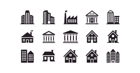 Obraz premium Set of city buildings and home icons isolated on white background flat vector illustration