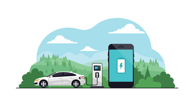 Flat style vector illustration of electric car charging with smartphone battery app, green eco transport concept with clean energy landscape