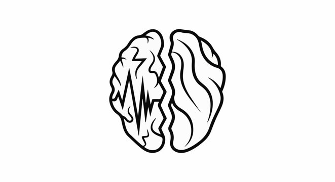 Simple black and white line drawing of a brain with EEG waves
