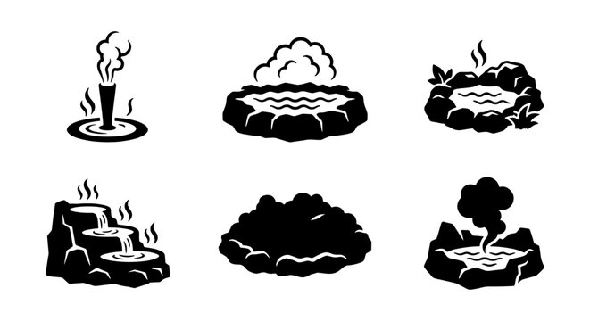 Geothermal hot springs icon set, black and white volcanic geyser vector illustrations, thermal spa and mineral bath symbols for travel maps