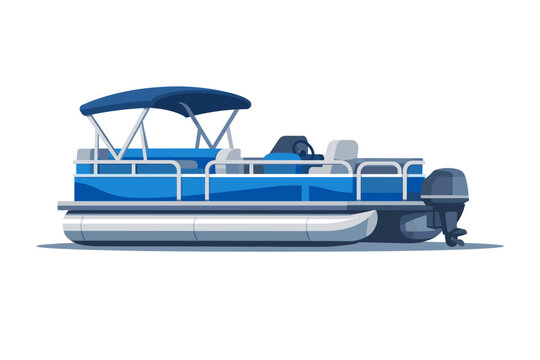 Blue pontoon boat vector illustration in modern flat design style with shadow. Watercraft for summer recreation, leisure, and fishing on the lake. Boat with outboard motor, canopy, and seating.