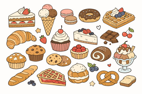 Sketched vector illustration of various desserts and bakery items like cake, ice cream, donut, cupcake, croissant, cookies, and pastries in a simple flat hand-drawn doodle style collection.