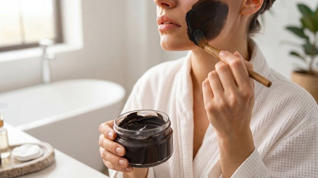 Woman applying black facial mask with wooden brush while holding jar in bathroom, featuring a white robe, natural light from window, and indoor plants in the background