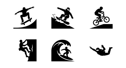 Naklejka premium Extreme sports silhouette icons set, black and white action sports vector graphics, skateboarding snowboarding surfing and bmx athlete symbols