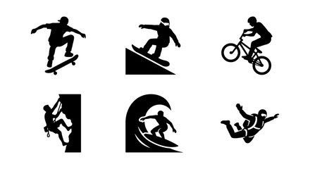 Naklejka premium Extreme sports silhouette icons set, black vector athletes collection, skateboarding snowboarding surfing and bmx bike stunts, rock climbing and skydiving