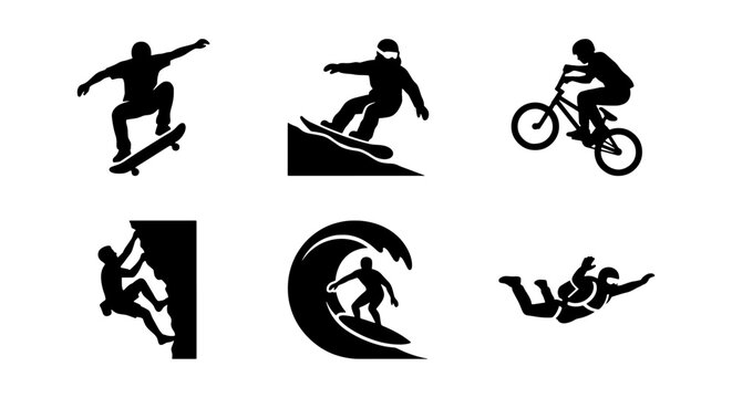 Extreme sports silhouette icons set, active lifestyle vector graphics, skateboarding snowboarding and surfing symbols, outdoor adventure athlete collection