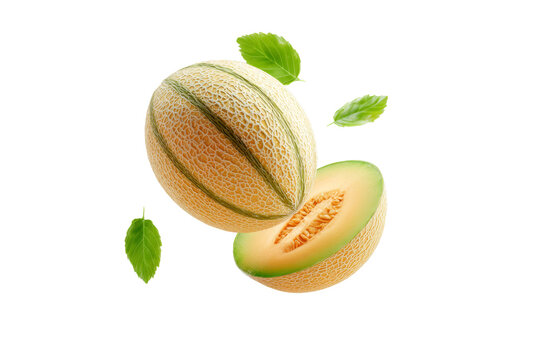 Fresh cantaloupe melon whole and half with leaves isolated on transparent background