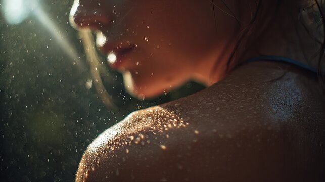 Sunlight touches a person's shoulder and back, showing tiny drops of water on their skin.