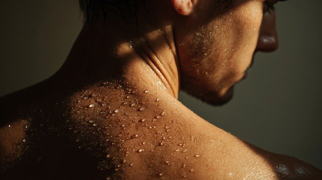 Sunlight touches a person's shoulder and back, showing tiny drops of water on their skin.