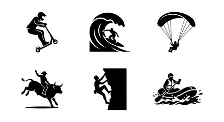 Extreme sports silhouette icons set, 6 black vector illustrations of surfing, rock climbing, and paragliding, outdoor adventure activity symbols © Saiful