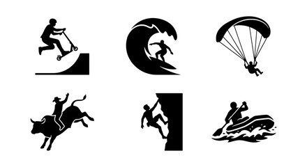 Extreme sports silhouette icons set, black and white action sports vector collection, 6 adventure activity symbols for outdoor recreation branding © Saiful