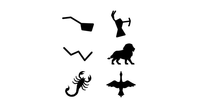 Zodiac constellation silhouettes and animal symbols, black astrological icons set of 6 vectors, celestial scorpion and lion star signs for horoscope design