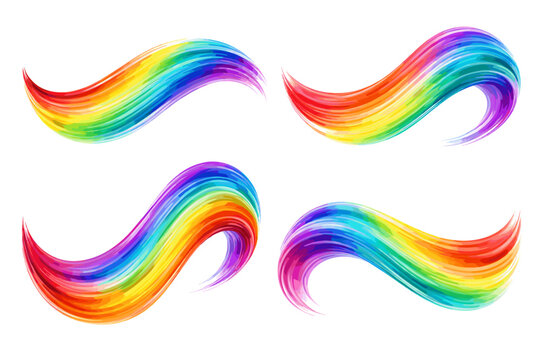 Set of Vibrant Rainbow Gradient Flow Ribbons Isolated on White Background; Dynamic Colorful Wave Brush Strokes with Smooth Liquid Texture for Creative Graphic Design and Artistic Vector Projects.