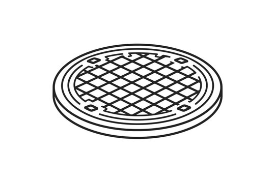 Round metal manhole cover or drain grate line art icon for wastewater and utility systems. Simple flat vector illustration of a sewer lid, drainage hatch, or maintenance hole access point.