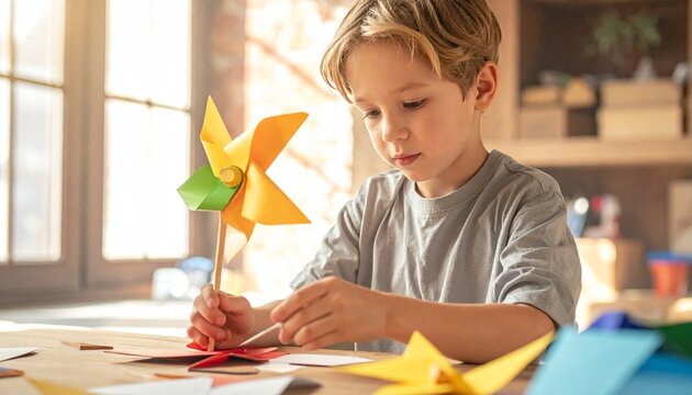 Boy crafting colorful cardboard windmill by sunny window in creative learning activity