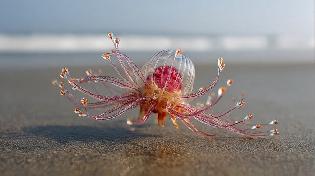 Ocean creature, Physalia physalis, landed on the shore.