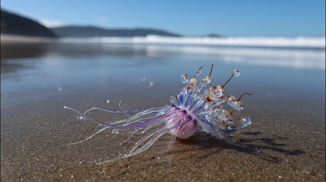 Ocean creature, Physalia physalis, landed on the shore.