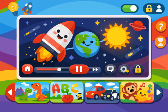 Colorful Kids Video Player Interface Design with Large Safe Controls, Cartoon Space Animation, Educational Thumbnails, Autoplay Toggle, and Parental Lock for Child-Friendly Mobile App UI Design