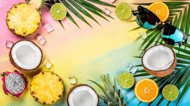 Tropical fruit border with sliced pineapple, coconut, dragon fruit, lime, orange, and sunglasses on a colorful gradient background