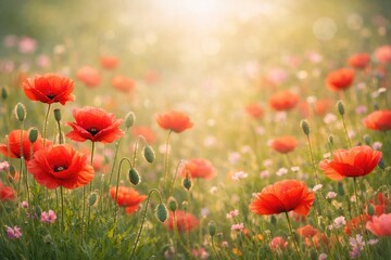 Obraz premium Vibrant red poppy flowers blooming in a sunlit meadow with soft bokeh background, golden hour lighting illuminating a field of wildflowers